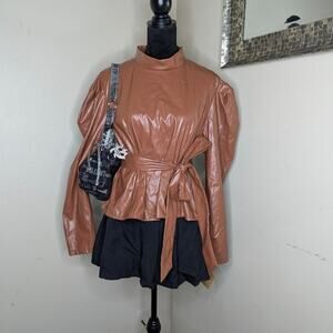 Brown faux leather puff sleeve 2x